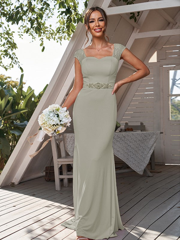 Sheath/Column Jersey Rhinestone Square Sleeveless Sweep/Brush Train Bridesmaid Dresses	Formal Evening Dress