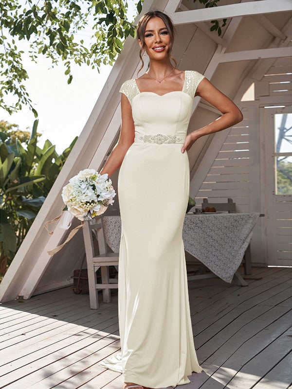 Sheath/Column Jersey Rhinestone Square Sleeveless Sweep/Brush Train Bridesmaid Dresses	Formal Evening Dress