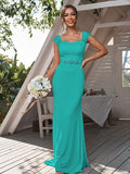 Sheath/Column Jersey Rhinestone Square Sleeveless Sweep/Brush Train Bridesmaid Dresses	Formal Evening Dress
