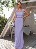 Sheath/Column Jersey Rhinestone Square Sleeveless Sweep/Brush Train Bridesmaid Dresses	Formal Evening Dress