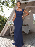 Sheath/Column Jersey Rhinestone Square Sleeveless Sweep/Brush Train Bridesmaid Dresses	Formal Evening Dress