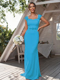 Sheath/Column Jersey Rhinestone Square Sleeveless Sweep/Brush Train Bridesmaid Dresses	Formal Evening Dress