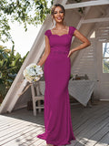 Sheath/Column Jersey Rhinestone Square Sleeveless Sweep/Brush Train Bridesmaid Dresses	Formal Evening Dress