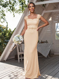 Sheath/Column Jersey Rhinestone Square Sleeveless Sweep/Brush Train Bridesmaid Dresses	Formal Evening Dress
