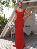 Sheath/Column Jersey Rhinestone Square Sleeveless Sweep/Brush Train Bridesmaid Dresses	Formal Evening Dress