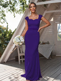 Sheath/Column Jersey Rhinestone Square Sleeveless Sweep/Brush Train Bridesmaid Dresses	Formal Evening Dress