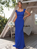 Sheath/Column Jersey Rhinestone Square Sleeveless Sweep/Brush Train Bridesmaid Dresses	Formal Evening Dress
