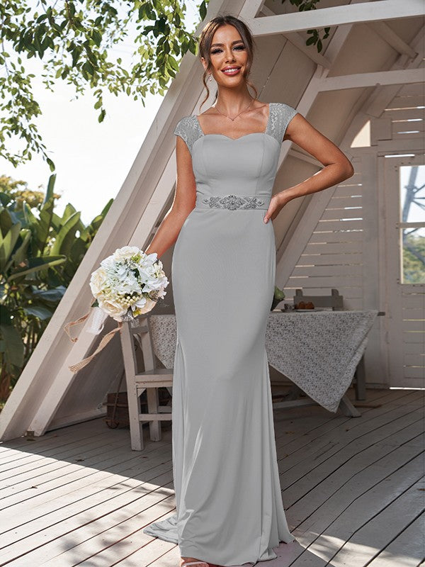 Sheath/Column Jersey Rhinestone Square Sleeveless Sweep/Brush Train Bridesmaid Dresses	Formal Evening Dress