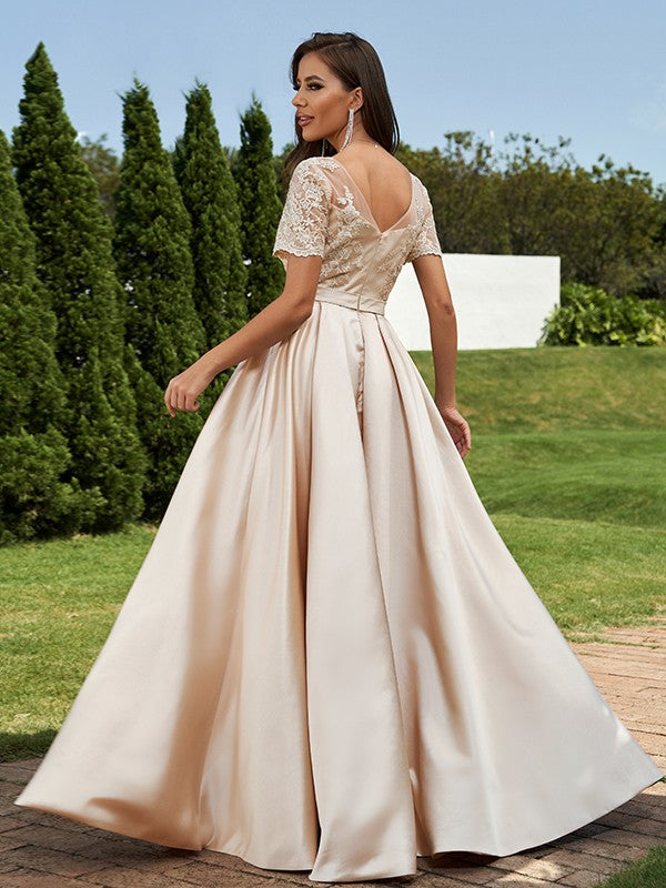 A-Line/Princess Satin Applique Scoop Short Sleeves Floor-Length Bridesmaid Dresses Evening Prom Dress