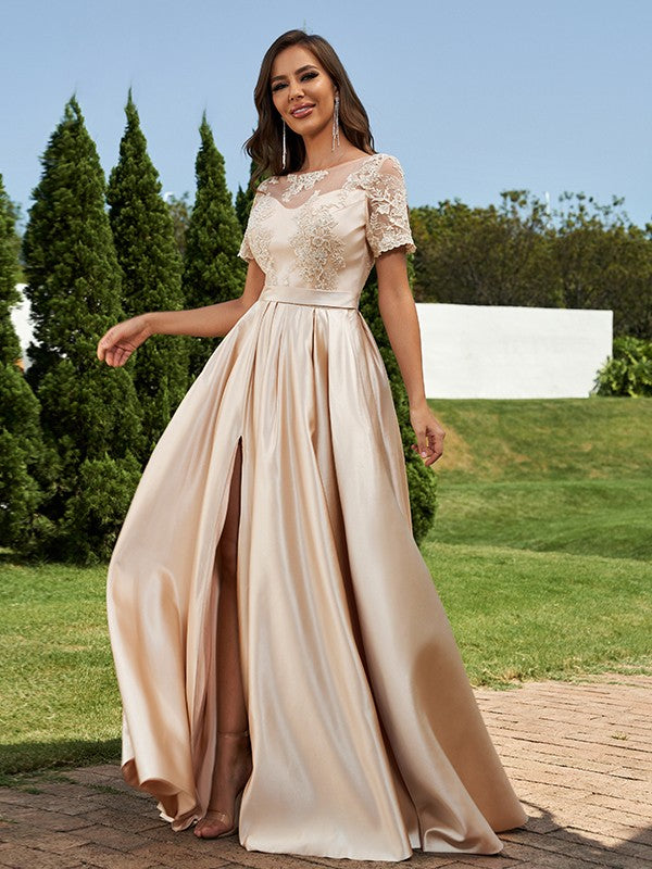 A-Line/Princess Satin Applique Scoop Short Sleeves Floor-Length Bridesmaid Dresses Evening Prom Dress