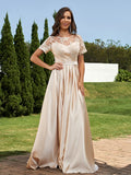 A-Line/Princess Satin Applique Scoop Short Sleeves Floor-Length Bridesmaid Dresses Evening Prom Dress