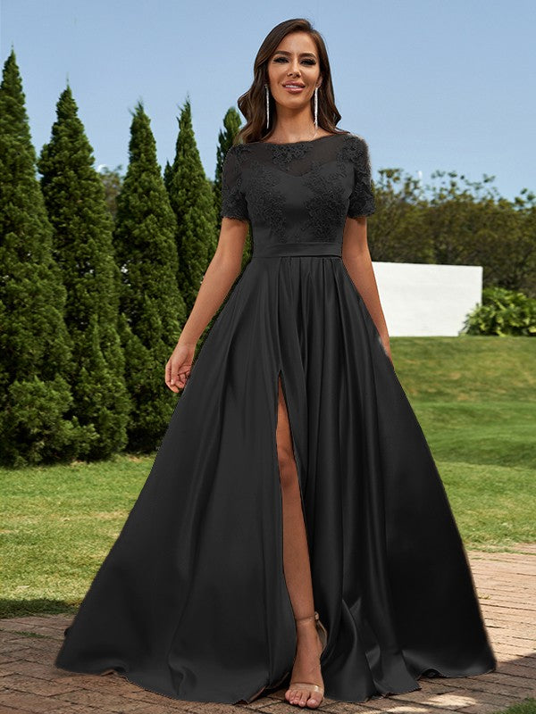 A-Line/Princess Satin Applique Scoop Short Sleeves Floor-Length Bridesmaid Dresses Evening Prom Dress
