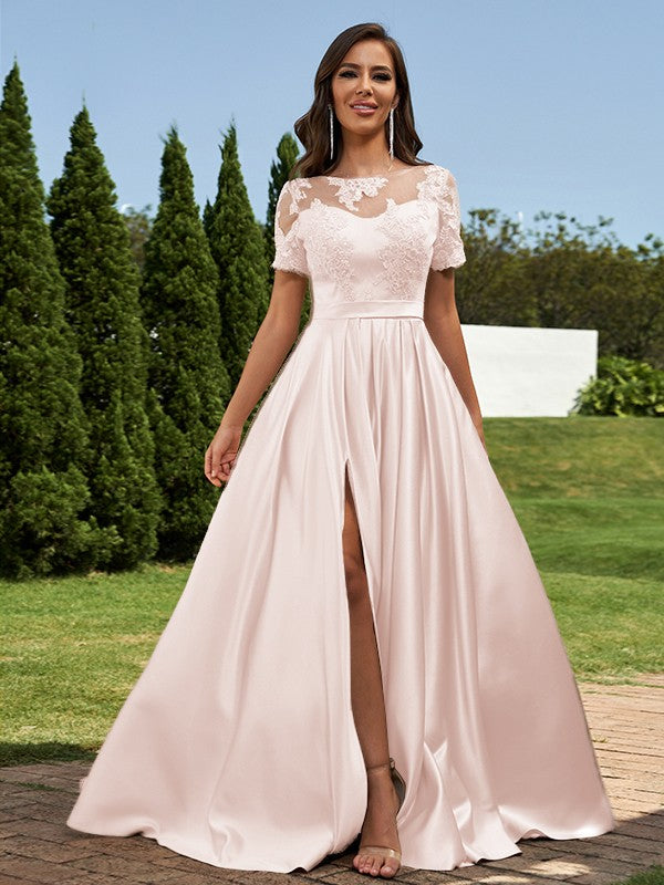 A-Line/Princess Satin Applique Scoop Short Sleeves Floor-Length Bridesmaid Dresses Evening Prom Dress
