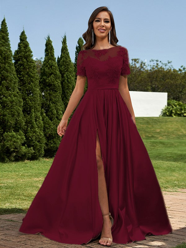 A-Line/Princess Satin Applique Scoop Short Sleeves Floor-Length Bridesmaid Dresses Evening Prom Dress