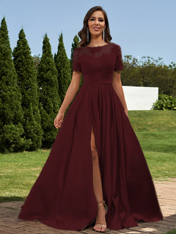 A-Line/Princess Satin Applique Scoop Short Sleeves Floor-Length Bridesmaid Dresses Evening Prom Dress