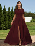 A-Line/Princess Satin Applique Scoop Short Sleeves Floor-Length Bridesmaid Dresses Evening Prom Dress