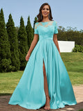 A-Line/Princess Satin Applique Scoop Short Sleeves Floor-Length Bridesmaid Dresses Evening Prom Dress