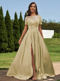 A-Line/Princess Satin Applique Scoop Short Sleeves Floor-Length Bridesmaid Dresses Evening Prom Dress