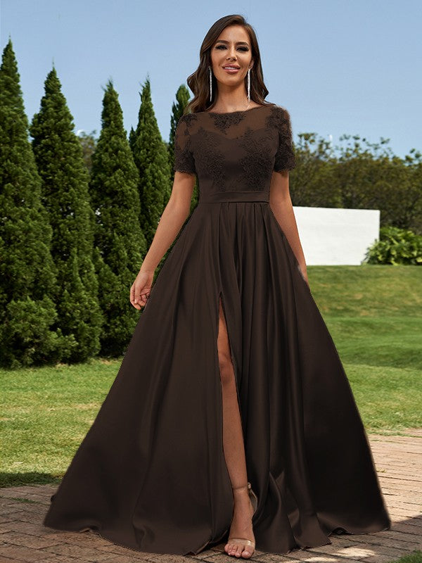 A-Line/Princess Satin Applique Scoop Short Sleeves Floor-Length Bridesmaid Dresses Evening Prom Dress