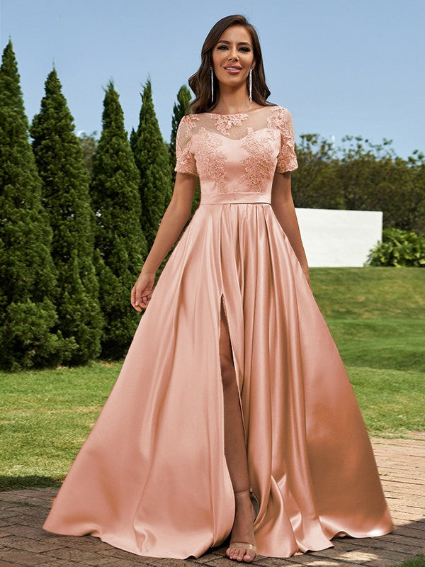 A-Line/Princess Satin Applique Scoop Short Sleeves Floor-Length Bridesmaid Dresses Evening Prom Dress