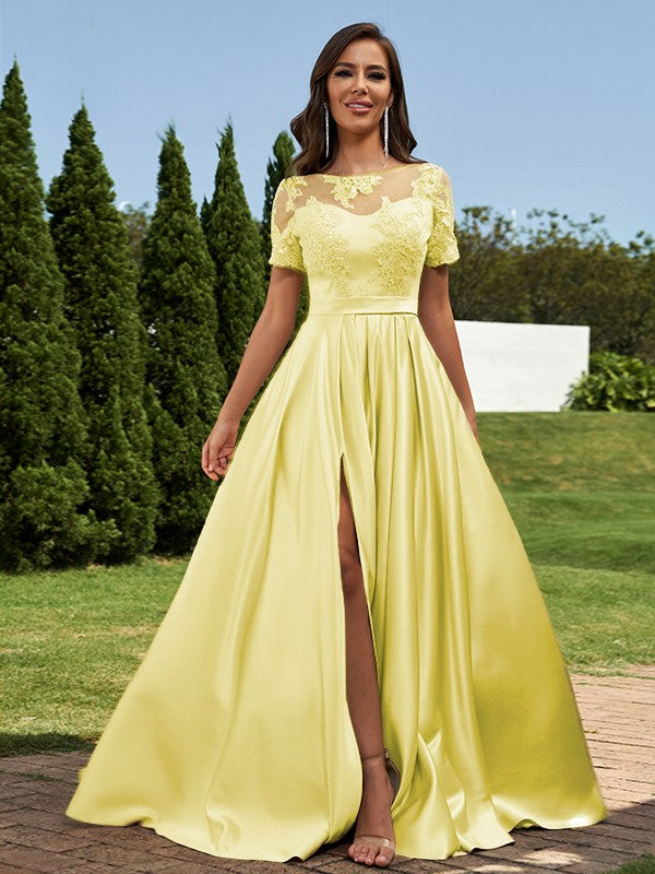 A-Line/Princess Satin Applique Scoop Short Sleeves Floor-Length Bridesmaid Dresses Evening Prom Dress