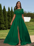 A-Line/Princess Satin Applique Scoop Short Sleeves Floor-Length Bridesmaid Dresses Evening Prom Dress