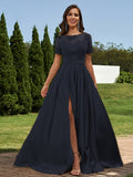A-Line/Princess Satin Applique Scoop Short Sleeves Floor-Length Bridesmaid Dresses Evening Prom Dress