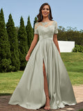 A-Line/Princess Satin Applique Scoop Short Sleeves Floor-Length Bridesmaid Dresses Evening Prom Dress