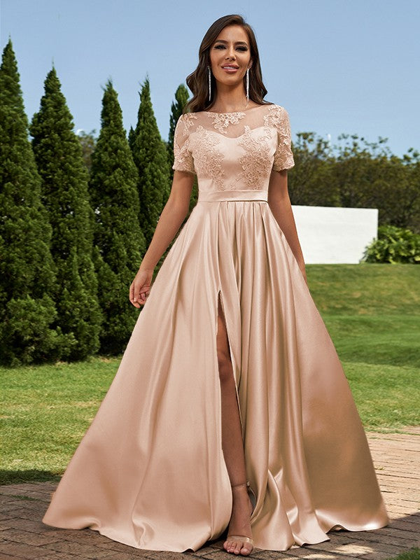 A-Line/Princess Satin Applique Scoop Short Sleeves Floor-Length Bridesmaid Dresses Evening Prom Dress