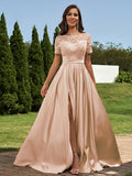 A-Line/Princess Satin Applique Scoop Short Sleeves Floor-Length Bridesmaid Dresses Evening Prom Dress
