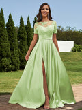 A-Line/Princess Satin Applique Scoop Short Sleeves Floor-Length Bridesmaid Dresses Evening Prom Dress
