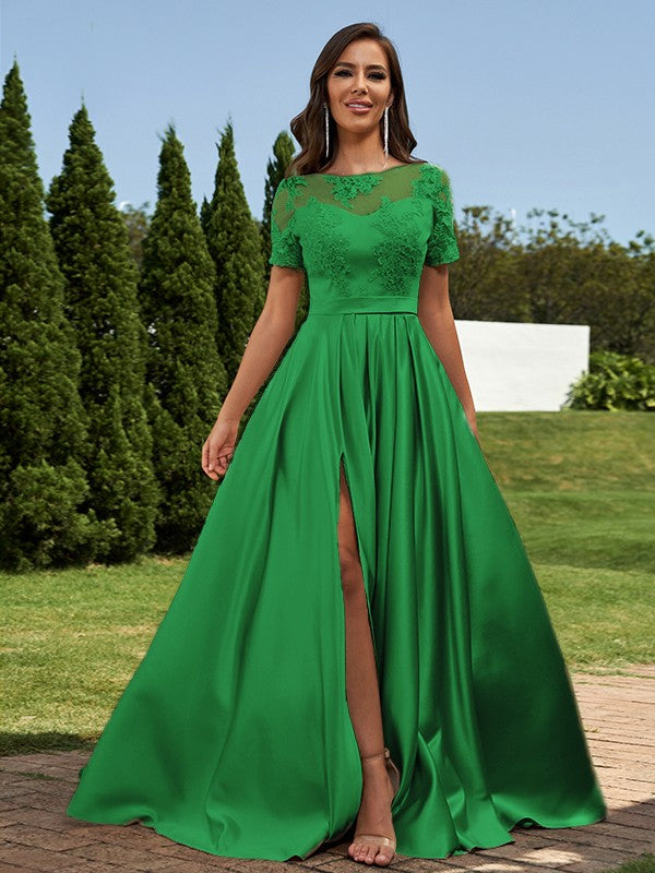 A-Line/Princess Satin Applique Scoop Short Sleeves Floor-Length Bridesmaid Dresses Evening Prom Dress