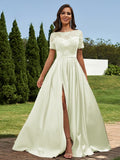 A-Line/Princess Satin Applique Scoop Short Sleeves Floor-Length Bridesmaid Dresses Evening Prom Dress