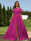 A-Line/Princess Satin Applique Scoop Short Sleeves Floor-Length Bridesmaid Dresses Evening Prom Dress