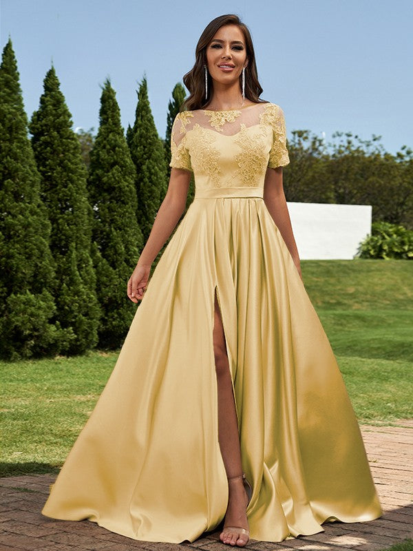 A-Line/Princess Satin Applique Scoop Short Sleeves Floor-Length Bridesmaid Dresses Evening Prom Dress