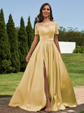 A-Line/Princess Satin Applique Scoop Short Sleeves Floor-Length Bridesmaid Dresses Evening Prom Dress