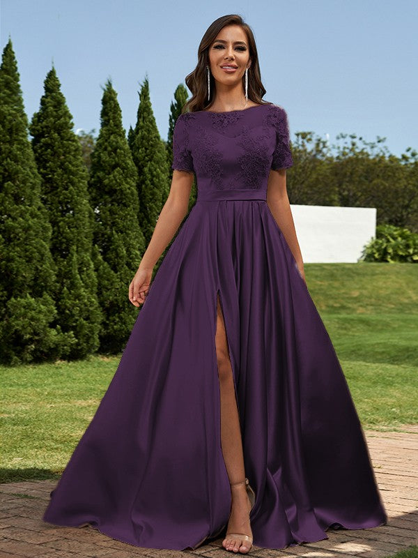 A-Line/Princess Satin Applique Scoop Short Sleeves Floor-Length Bridesmaid Dresses Evening Prom Dress