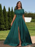 A-Line/Princess Satin Applique Scoop Short Sleeves Floor-Length Bridesmaid Dresses Evening Prom Dress