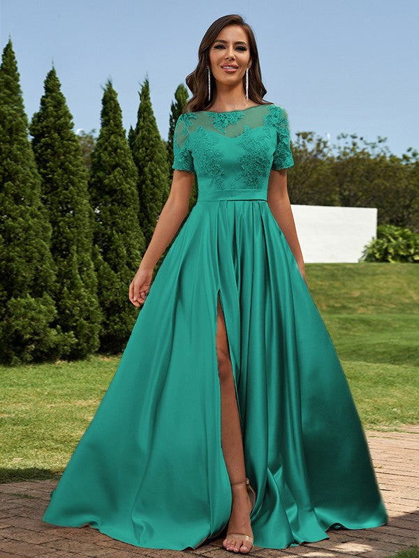 A-Line/Princess Satin Applique Scoop Short Sleeves Floor-Length Bridesmaid Dresses Evening Prom Dress