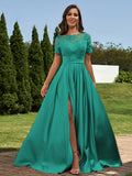 A-Line/Princess Satin Applique Scoop Short Sleeves Floor-Length Bridesmaid Dresses Evening Prom Dress