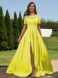 A-Line/Princess Satin Applique Scoop Short Sleeves Floor-Length Bridesmaid Dresses Evening Prom Dress
