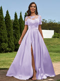 A-Line/Princess Satin Applique Scoop Short Sleeves Floor-Length Bridesmaid Dresses Evening Prom Dress
