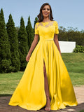 A-Line/Princess Satin Applique Scoop Short Sleeves Floor-Length Bridesmaid Dresses Evening Prom Dress