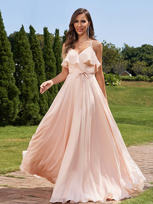 A-Line/Princess Chiffon Sash/Ribbon/Belt V-Neck Sleeveless Floor-Length Bridesmaid Dresses Evening Prom Dress