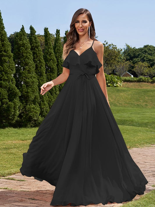 A-Line/Princess Chiffon Sash/Ribbon/Belt V-Neck Sleeveless Floor-Length Bridesmaid Dresses Evening Prom Dress