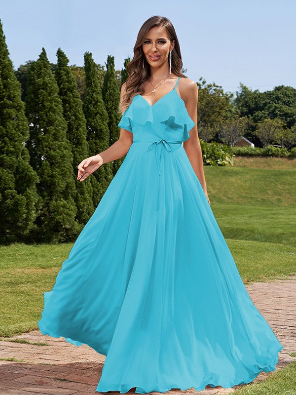 A-Line/Princess Chiffon Sash/Ribbon/Belt V-Neck Sleeveless Floor-Length Bridesmaid Dresses Evening Prom Dress