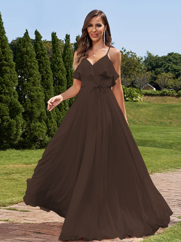 A-Line/Princess Chiffon Sash/Ribbon/Belt V-Neck Sleeveless Floor-Length Bridesmaid Dresses Evening Prom Dress