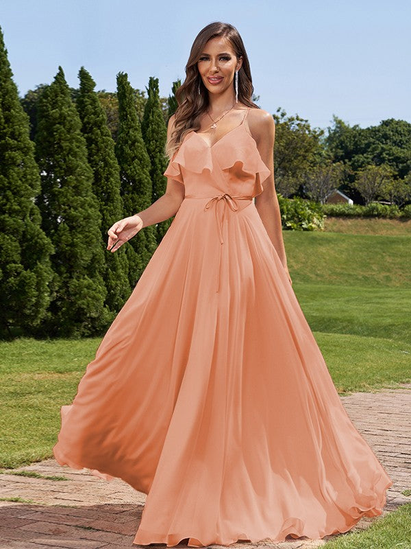 A-Line/Princess Chiffon Sash/Ribbon/Belt V-Neck Sleeveless Floor-Length Bridesmaid Dresses Evening Prom Dress