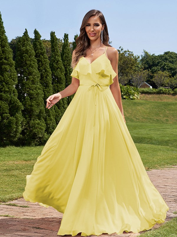 A-Line/Princess Chiffon Sash/Ribbon/Belt V-Neck Sleeveless Floor-Length Bridesmaid Dresses Evening Prom Dress