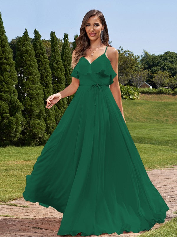 A-Line/Princess Chiffon Sash/Ribbon/Belt V-Neck Sleeveless Floor-Length Bridesmaid Dresses Evening Prom Dress